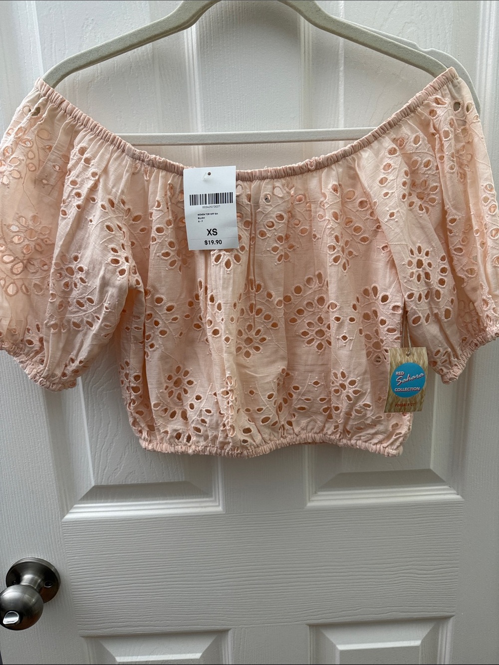 Eyelet Off-Shoulder Crop Top — Blush Peach